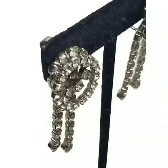Vintage Rhinestone Earrings Clip Double Circle Long Dangle Bride Barbie Art Deco - Picture 9 of 13
